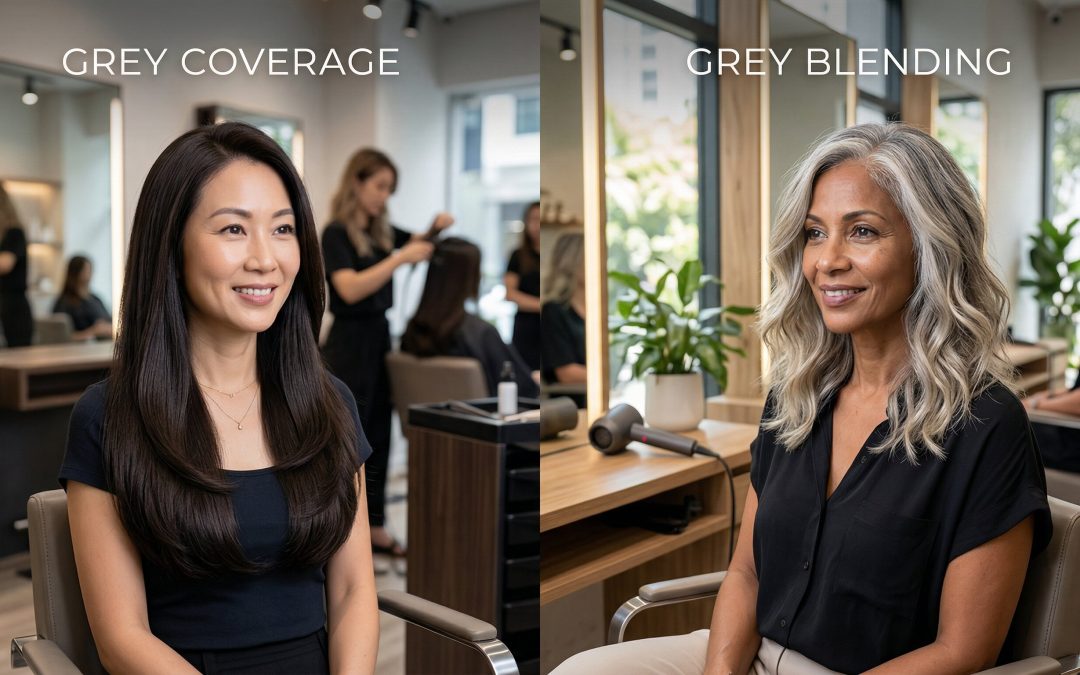 Women showcasing grey coverage and blending, a desired hair transformation singapore.