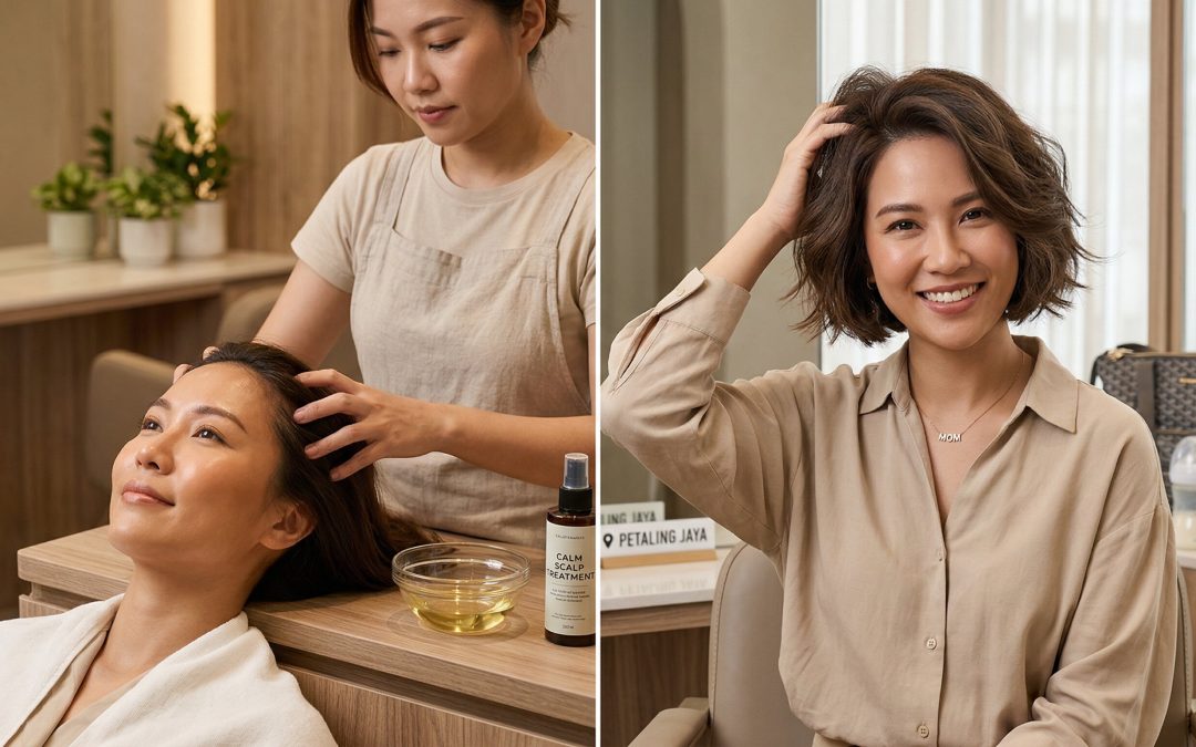 Woman enjoying a rejuvenating scalp treatment orchard and showing off her healthy hair.