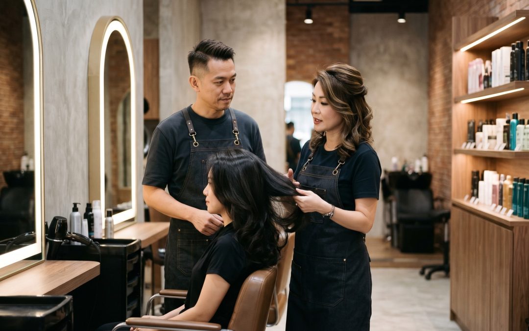 Expert salon founders Dave and Audrey analyzing a client's hair texture at SalonPlus in Far East Plaza, Singapore.