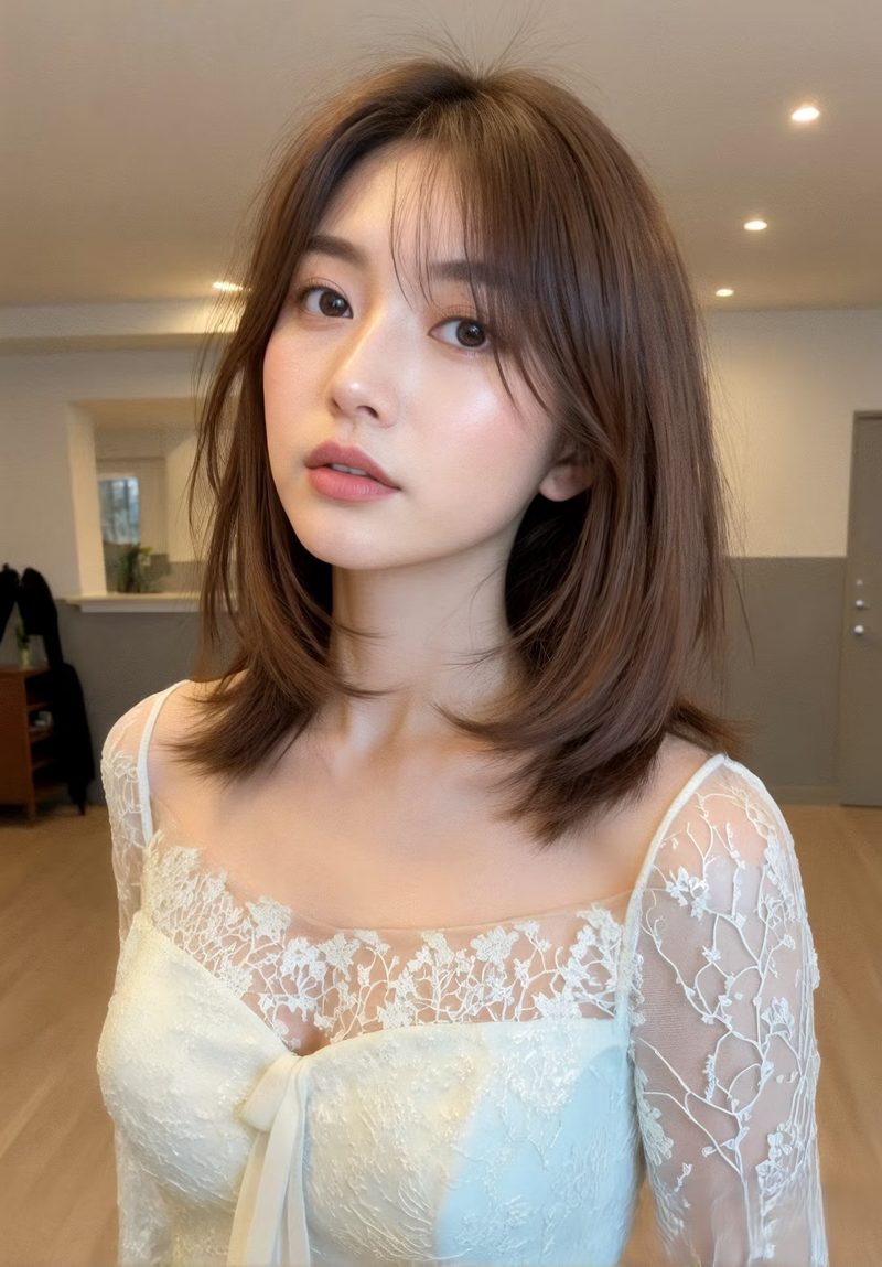 Shoulder-length layered haircut with curtain bangs in warm brown, at Salon Plus hair salon Orchard Singapore