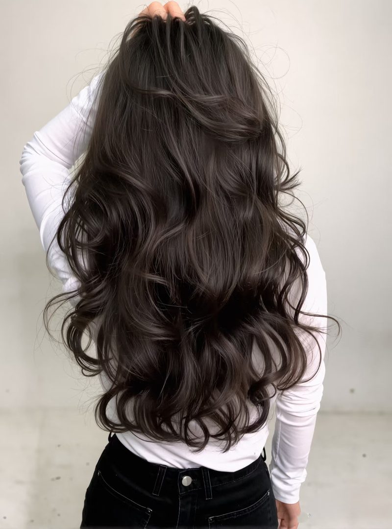 Long dark brown hair with loose voluminous waves, a digital perm by Salon Plus perm salon Singapore