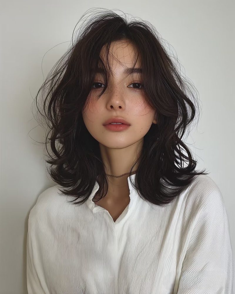 Medium layered dark brown hair with wispy bangs and soft waves, a style haircut at Salon Plus hair salon Singapore