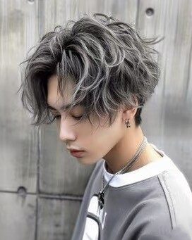 Men's ash grey wavy textured hair, perm and colour by a Salon Plus hairstylist Singapore