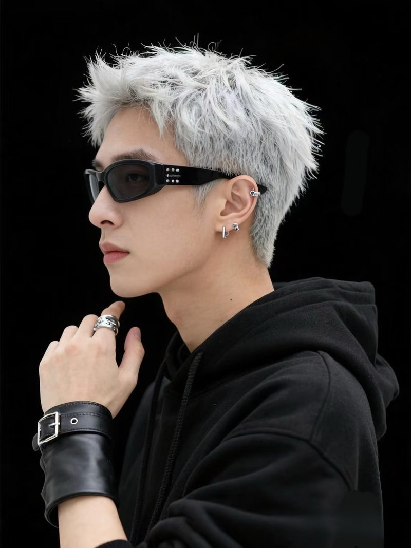 Men's spiky platinum silver hair colour, a bold look from Salon Plus colours hair salon Singapore