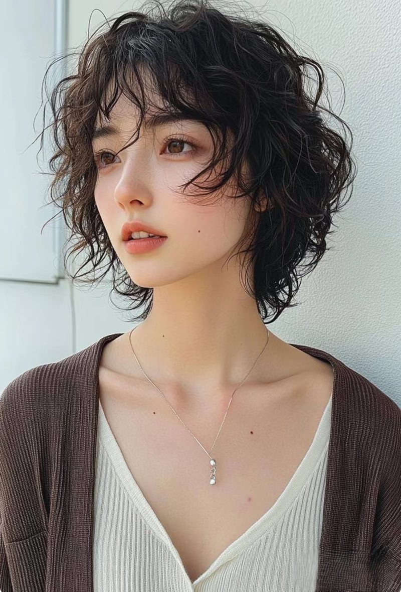 Short curly shag perm with wispy fringe on dark brown hair, styled at Salon Plus perm salon Singapore